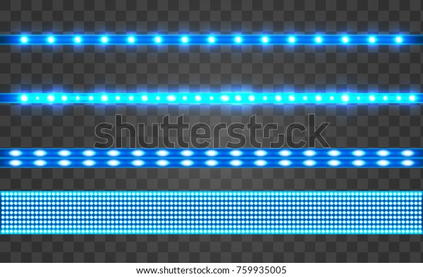 Set LED realistic blue ribbon on a transparent background. Neon or led glowing light stripes with glare and light flashes. LED neon Garlands decorations template on a transparent background